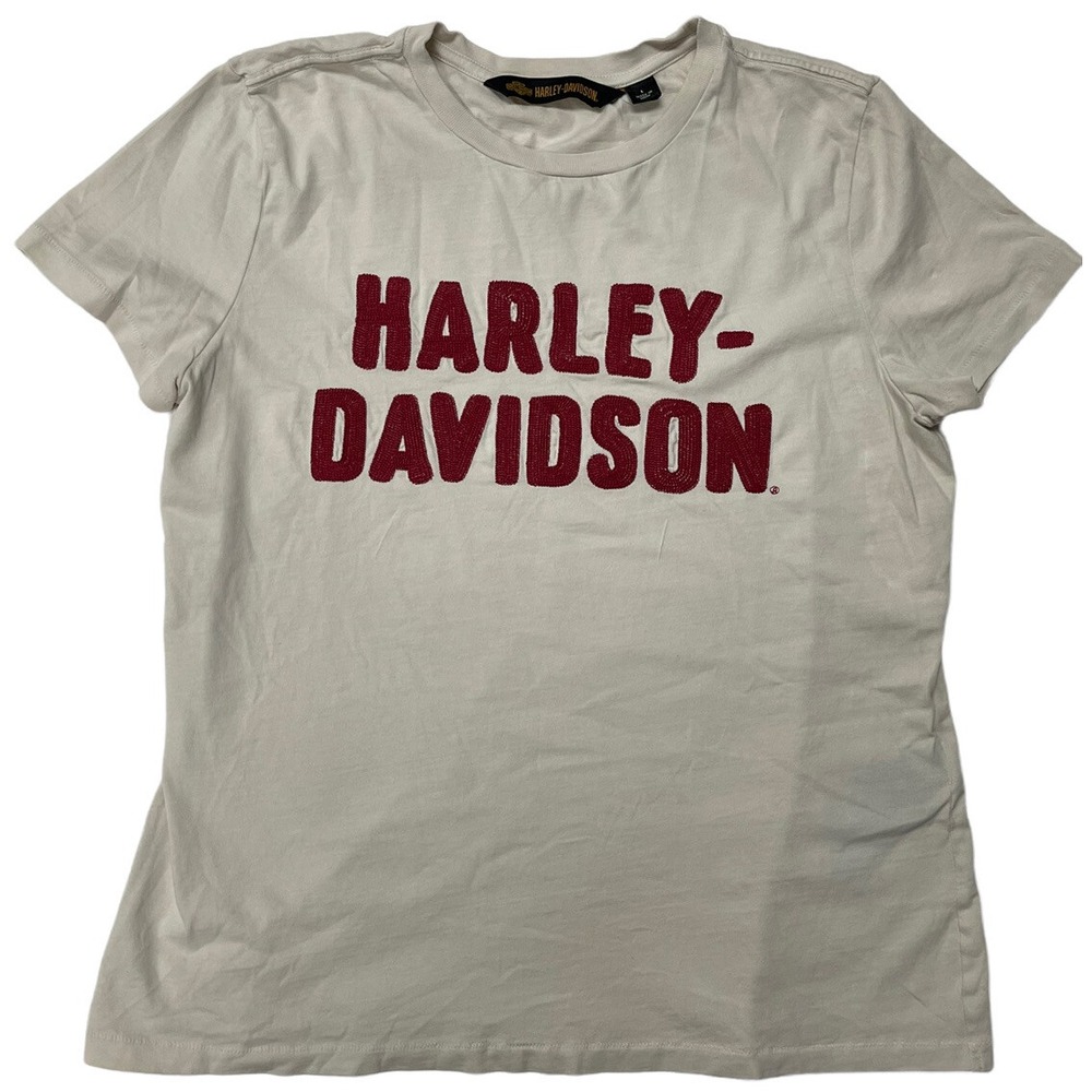 Harley-Davidson Women's Embroidered Logo T-Shirt Large Cream Short Sleeve Cotton
